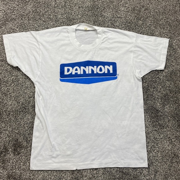 Vintage Dannon Shirt Mens XL White Blue Promo‎ Advertising Logo Screen Stars 80s - Picture 1 of 10